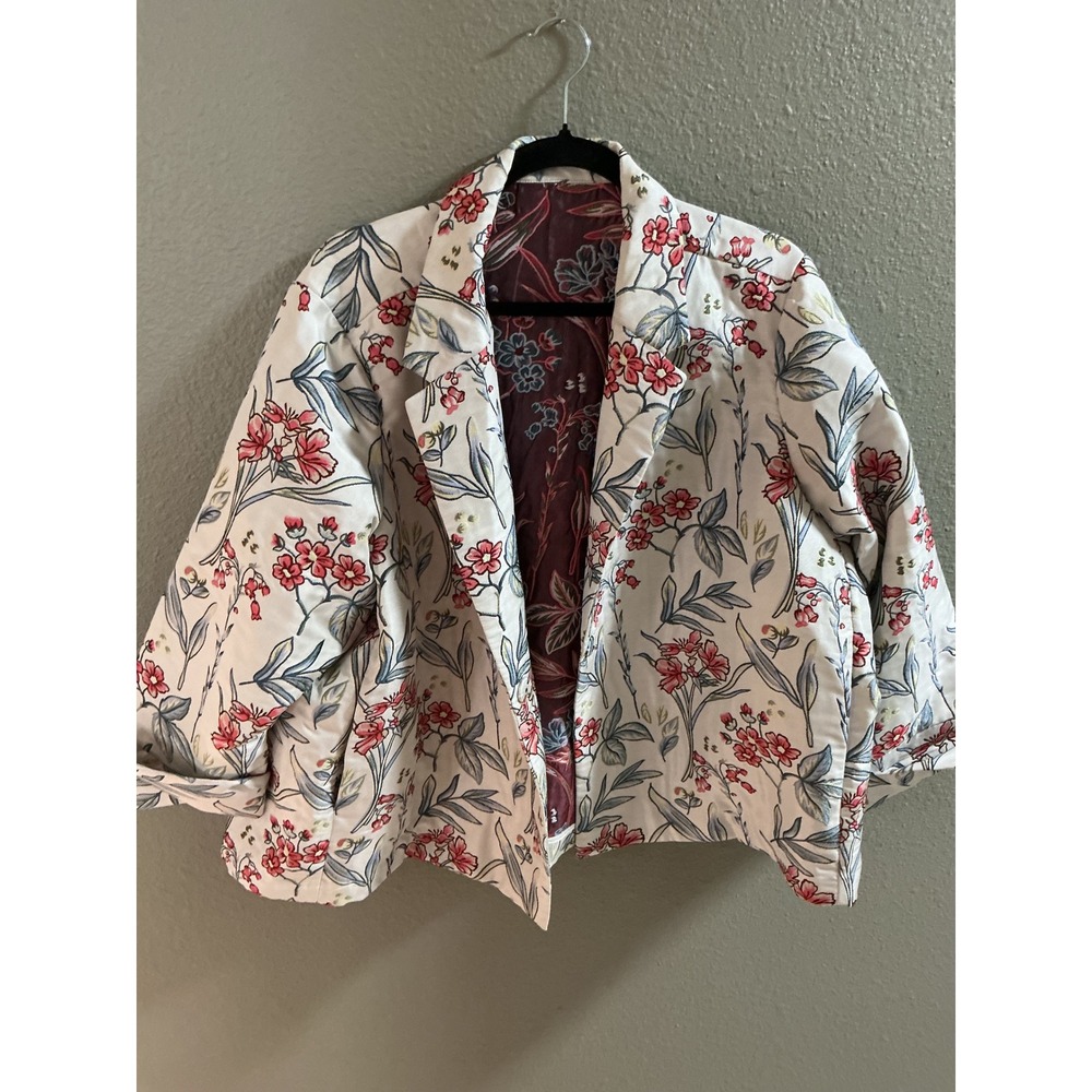 MarlaWynne QVC Floral Topper Blazer Jacket White Pink Green Tapestry